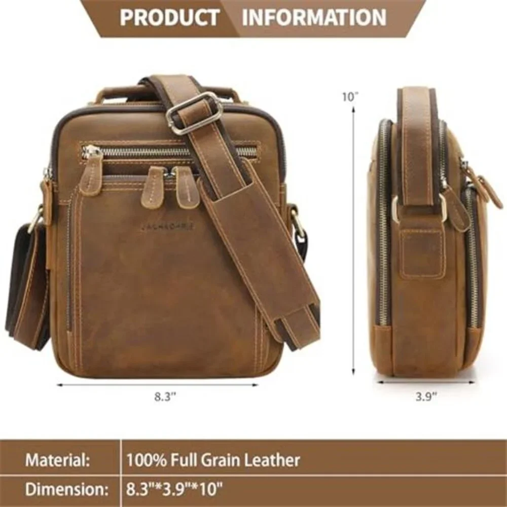 Genuine Cowhide Leather Messenger Crossbody Bag Multi Pocket Travel Work EDC